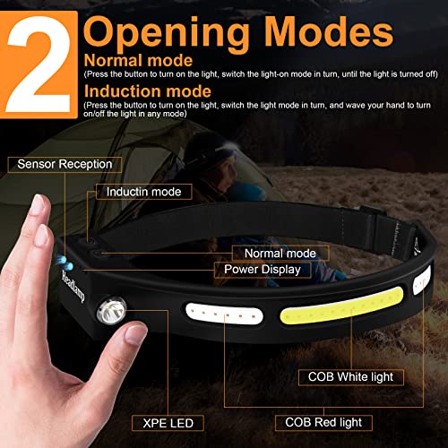 AIRABLE LED HeadLamp,350 Lumens Rechargeable Lightweight Led Light with Wave Induction Motion Sensor and 5 Light Modes,Night Buddy Waterproof Headlight for Reading Running Camping Hiking Fishing