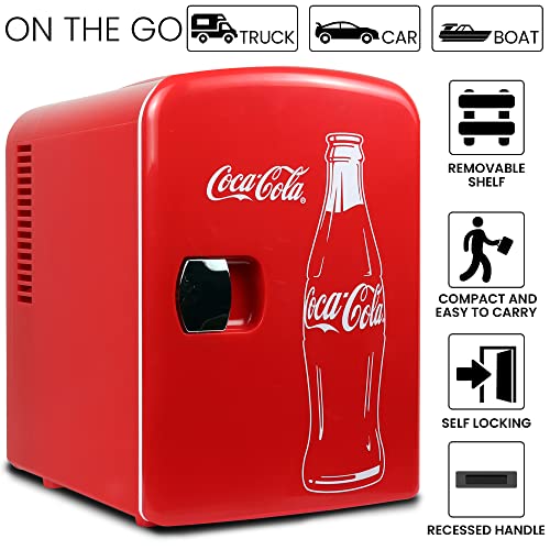 Coca-Cola Classic Portable 6 Can Thermoelectric Mini Fridge Cooler/Warmer, 4 L/4.2 qt, Red, for Home, Dorm, car, Boat, Beverages, Snacks, Skincare, Cosmetics, Medication