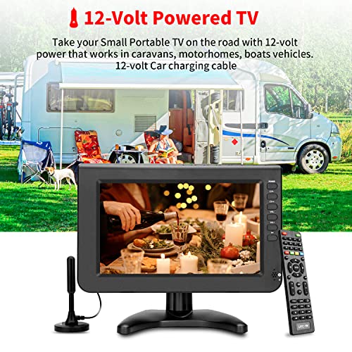 ZOSHING 10.1inch Small TV,IPS HD Screen Portable TV with Digital DVB-T2,for USB,Freeview,H.265,DC/12Volt,HDMI,AV input,Rechargeable Battery TV for Mini Bedroom,Camping,Kitchen,Caravan