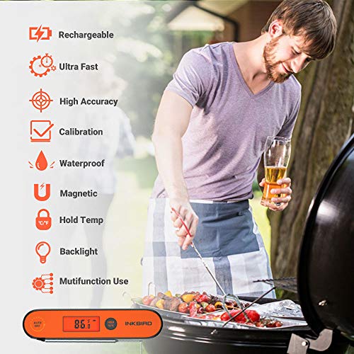 Inkbird Instant Read Meat Thermometer IHT-1P, Digital Waterproof Rechargeable Instant Read Food Thermometer, Cooking Thermometer with Calibration, Magnet, Backlight for Grill, Smoker, Kitchen, Turkey