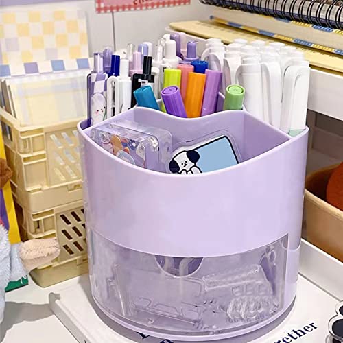 Zyners Rotating Pen Pencil Holder 360-Degree with Drawer, 5 Compartments Desk Stationary Cosmetic Makeup Brushes Holder for Dressing Table, Home , Office, Desktop(Purple)