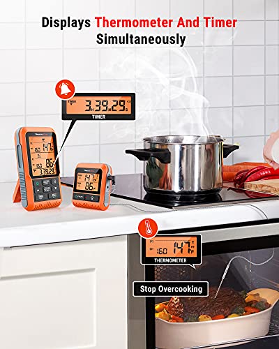 ThermoPro TP826 500FT Wireless Meat Thermometer, Dual Meat Probe Cooking Thermometer with HI/Low Alert& Kitchen Timer, IPX4 Food Grill Thermometer, BBQ Smoker Thermometer for Oven,Grilling Gifts