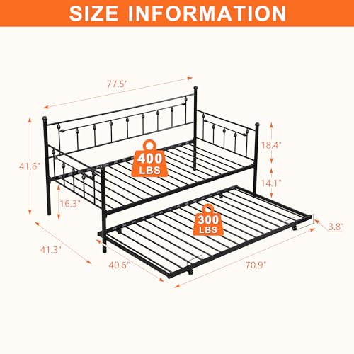 Dolonm Twin Size Daybed with Trundle, Modern 2 in 1 Sofa Metal Bed Frame, Pull-Out Trundle Daybed, Slat Support Sofa Bed Frame for Bedroom Living Room Guest Room, No Box Spring Needed, Black