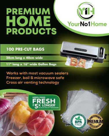 100 Pack 28cm x 40cm Vacuum Bags, YourNo1Home - Sous Vide Vacuum Sealer Bags - Commercial Grade Food Saver Bags Rolls - Honeycomb Embossed - BPA Free Vacuum Seal Bags - Ideal for Portion Control & Food Storage