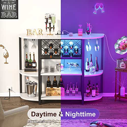 Unikito Bar Table Cabinet with Charging Station,Wine Rack Table with LED Light and Storage, Freestanding Floor Bar Cabinet for Liquor and Glasses for Home Kitchen Dining Room, White