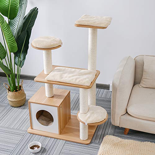 PAWZ Road Multi-Level Modern Cat Tree Full Wrapped Sisal-Covered Scratching Post Luxury Cat Towers Furniture with Large Condo 115CM（Beige）