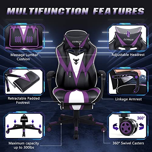Zeanus Gaming Chair for Adults Purple Gaming Chairs Reclining Computer Chair with Footrest for Heavy People Gamer Chair with Massage Ergonomic PC Gaming Chair Racing Chair for Gaming Big and Tall