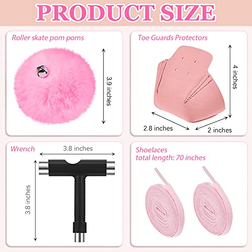 Wettarn 8 Pieces Roller Skate Sets Including 2 Pieces Fluffy Tie-on Roller Skate Pom Poms 2 Pieces Toe Cap Guards 2 Pieces Pink Shoelaces 2 All-in-one Skate Tools for Roller Skating