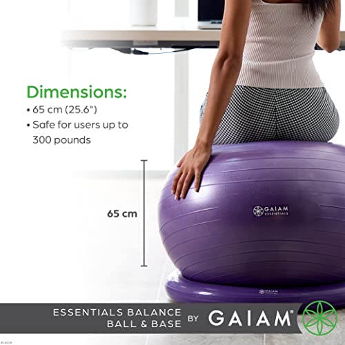 Gaiam Essentials Balance Ball & Base Kit, 65cm Yoga Ball Chair, Exercise Ball with Inflatable Ring Base for Home or Office Desk, Includes Air Pump - Purple