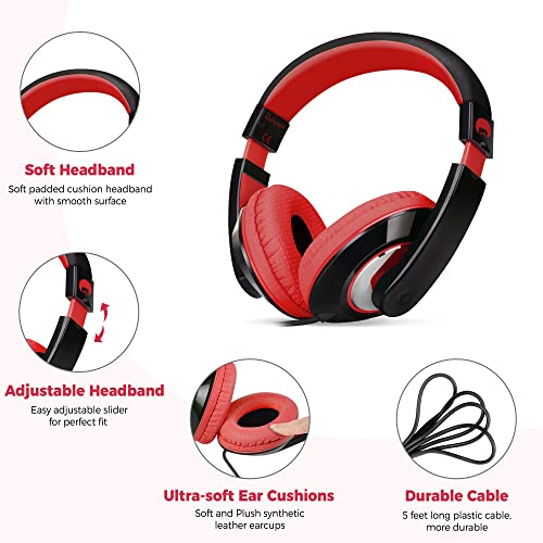 Rockpapa Comfort Over Ear Headphones Earphones for Kids Childs Boys Girls Adults, Tablet Computer Cellphones MP3/4 CD/DVD in Car/Airplane(Black Red)