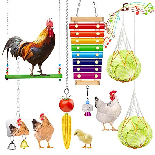 Gejoy 6 Pieces Chicken Toys Set Chicken Bird Xylophone Toy Wood Stand Hen Mirror Toy Coop Swing Chicken Veggies Skewer Fruit Holder, Vegetable Hanging Feeder Chicken Chewing Foraging Toys for Chicken