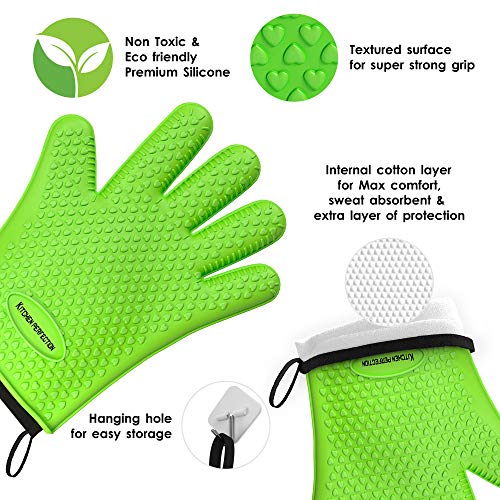 KITCHEN PERFECTION Silicone Smoker Oven Gloves -Extreme Heat Resistant BBQ Gloves-Handle Hot Food Right on Your Grill Fryer&Pit|Waterproof Grilling Cooking Baking Mitts |Superior Value Set +2 Bonuses