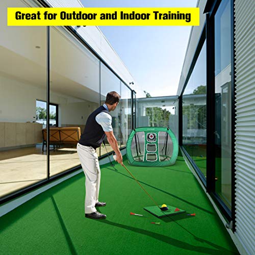 Pop Up Golf Chipping Net, Indoor/Outdoor Golfing Target Net Collapsible Portable Golf Hitting Net with 15 Training Balls and 2 Hitting Mats for Backyard Driving and Swing