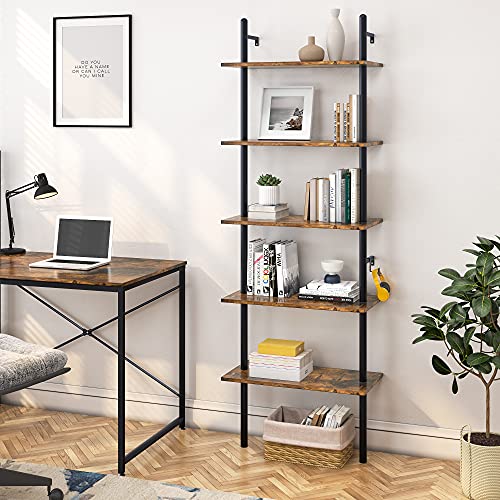 Bestier 70" Industrial Wall-Mounted Ladder Shelf 5 Tier Bookshelf with Storage Organizer Plant Flower Display Stand Round Tube Bookcase Rack with 2 Hooks for Home Office, Rustic Brown