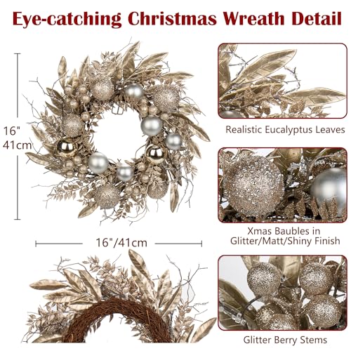 Christmas Wreath Door Wreath for Christmas – Champagne Advent Wreath with Christmas Baubles and Long Branches, Decorative Wreath Christmas Decoration Table Wreath, Diameter 40 cm