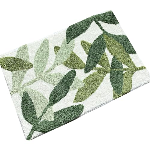 ZebraSmile Green Bath Rug with Non Slip Back Strong Water Aabsorbent Leaves Plush Microfiber Small Rug for Bathroom Floor Cute Indoor Shower Mat Doormat 17.5 X 25.5IN