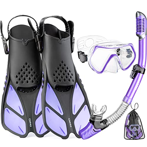 CAPAS Snorkel Mask Fins Set, Travel Size Snorkeling Gear for Adults with Short Adjustable Swim Fins, High Resistant Scuba Diving Mask and Dry Top Snorkel, Come with a Carrying Bag