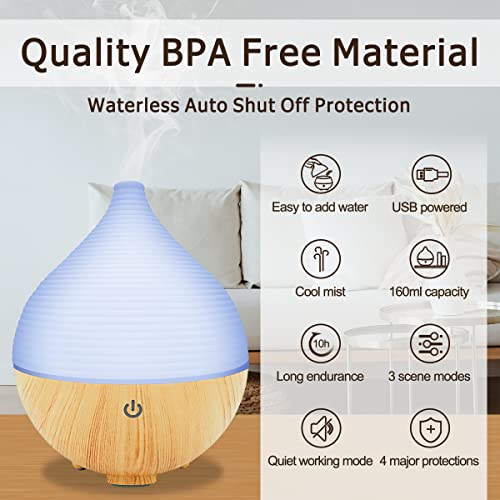 Essential Oil Cool Mist Diffuser, 160ml Mini Aromatherapy Home Diffuser 3 Mode with LED Light Up to 7 Hours Run time Quiet Humidifier USB 5V Powered/Auto-Off Function