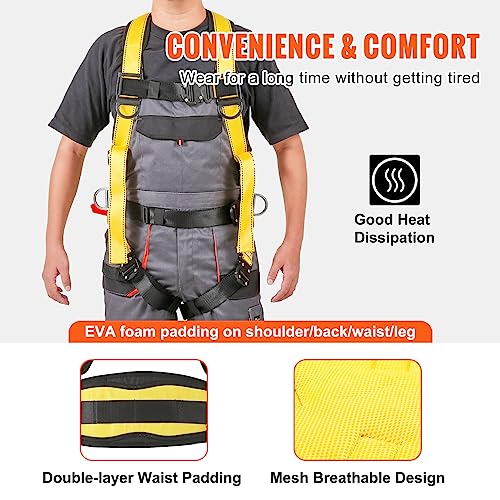 VEVOR Safety Harness, Full Body Harness, Safety Harness Fall Protection with Added Padding, and Side Rings and Dorsal D-Rings and a Lanyard, ANSI/ASSE Z359.11-2014, 240 lbs Max Weight, M