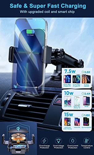 2023 Advanced Car Phone Holder, 15W Fast Wireless Car Charger, Power Off Delay, Beep Reminder, Auto-Clamping Car Mount, Air Vent/Dashboard/Windscreen Mount for iPhone 15/14/13/12/11, Samsung S23/S22