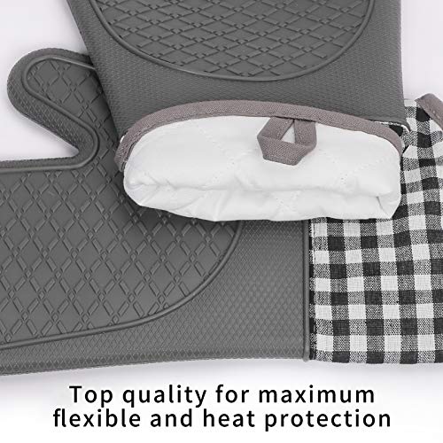 FYY Silicone Oven Mitts with Heat Resistant 450 F Set of 2, Soft Material Quilting Lining Non Slip Oven Gloves and Pot Holder Kitchen Set for Cooking, Baking, Pizza, BBQ Gloves 1 Pair, Grey