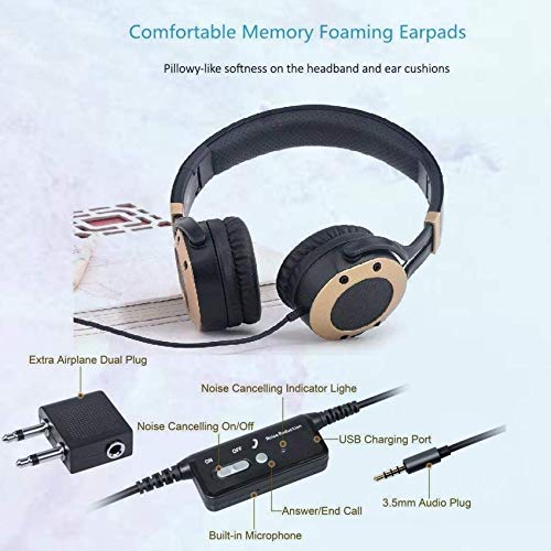 Active Noise Cancelling Headphones with Microphone and Airplane Adapter, Folding and Lightweight Travel Headsets, Hi-Fi Deep Bass Wired Headphones with Carrying Case