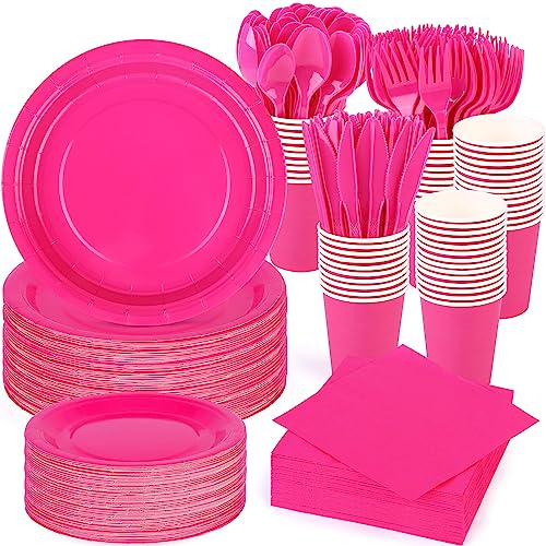 durony 350 Pieces Hot Pink Paper Dinnerware Set 7 Inch 9 Inch Disposable Dinner Plates Sever 50 Guests Paper Cup Cutlery Napkins Solid Color Party Supplies for Birthday Wedding Party Family Picnic
