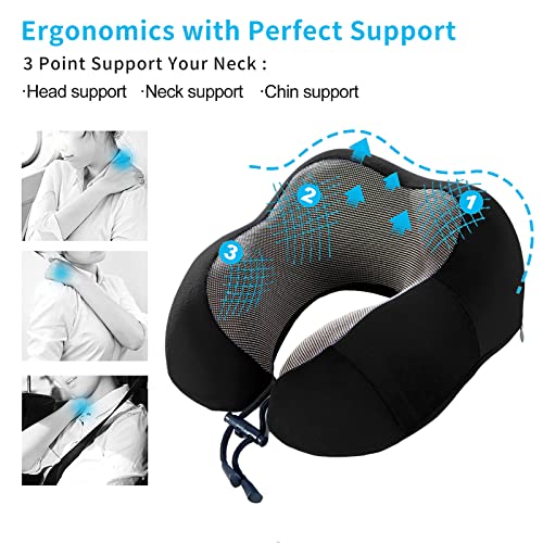 DAWNTREES Travel Pillow, Memory Foam Neck Pillows for Travel Airplane, Business Trip with Luxury Bag, Travel Essentials,Travel Kit with 3D Contoured Eye Masks, Earplugs.