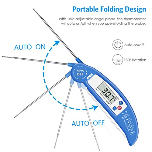 AMIR Digital Meat Thermometer, Instant Read Cooking Thermometer, Electronic Food Thermometer With Probe for Kitchen, BBQ, Poultry, Grill Food & Candy - Fordable, Fast & Auto On/Off (Blue)