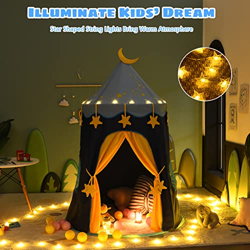 HONEY JOY Kids Play Tent, Foldable Pop Up Playhouse for Children w/Star String Light & Carrying Bag, Indoor Outdoor Castle Tent Playhouse for Parties Celebrations, Portable Play Tent w/2 Mesh Windows