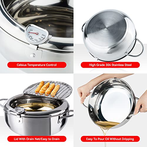 Kerilyn Deep Fryer Pot, 11 Inch/4.2 L Janpanese Style Tempura Frying Pot with Lid, 304 Stainless Steel with Temperature Control and Oil Drip Drainer Rack, for Kitchen French Fries, Chicken etc