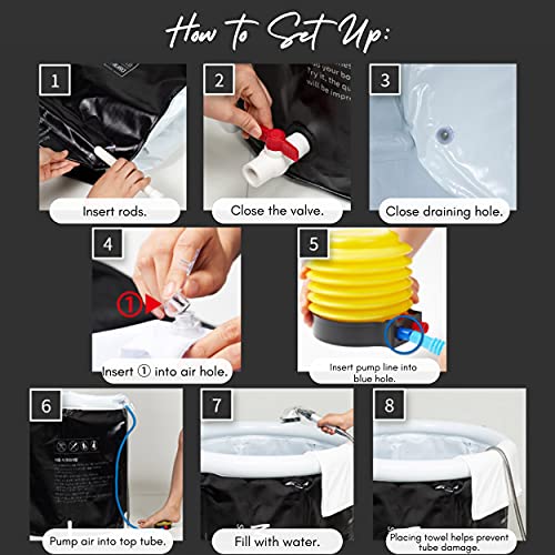 MURO Portable Bathtub for Adults, Foldable Freestanding Spa Bathtub for Soaking in Shower Stall, 3 Layer for Insulation, Black, Includes Bonus Cushion