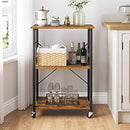 VASAGLE Kitchen Shelf on Wheels Serving Trolley with 3 Shelves Metal Frame with 6 Hook Rustic Brown KKS60XV1