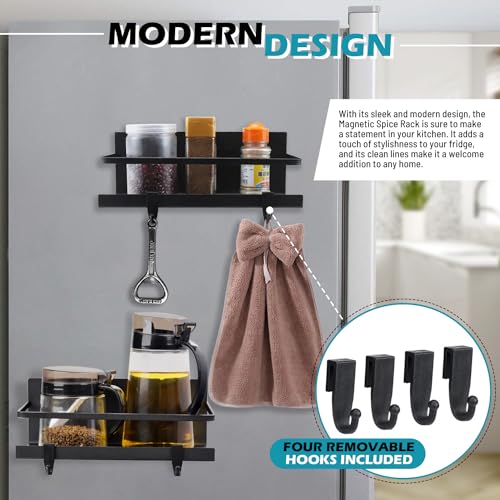 2 Pack Magnetic Fridge Spice Rack, Magnetic Spice Shelf Organiser for Kitchen Refrigerator, Shelves Seasoning Spices Jars Storage, With 4 Removable Hooks No Drilling Single Tier Space Saving Holder