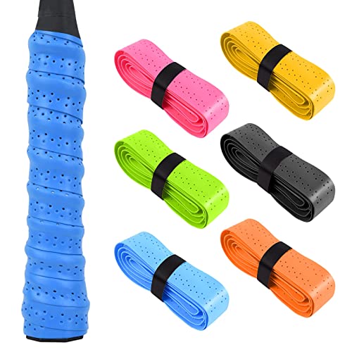 6Pcs Tennis Racket Grip Tape, PU Absorbent Tennis Racket Badminton Grip Tape Perforated, Anti Slip & Quick-Dry Squash Grip Tape, Handle Grip Tape, Multicolor