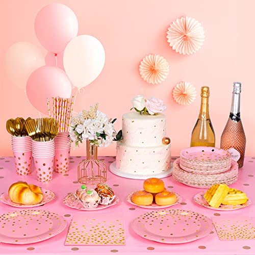 Pink & Gold Party Tableware Set, 193pcs Pink Dot Tableware Set - Pink and Gold Paper Plates Cups Napkins & Pink Gold Polka Dot Tablecloth etc Pink and Gold Party Supplies Tableware