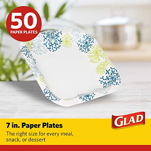 Glad Square Disposable Paper Plates with Blue Hydrangea Design | Soak Proof, Cut-Proof, Microwaveable Heavy Duty Disposable Plates | 7 Inches, 50 Count