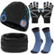 Music Beanie Set Winter Hat with Ear Cover + 2 Layer Scarf + Nonslip Touchscreen Gloves + Knitting Mask， Built in Speaker Headphones Unique Christmas Birthday Tech Gifts for Men Women Gamer Teens, Black