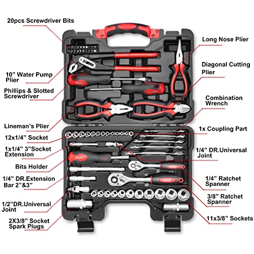 TOPEX 65-Piece Household Hand Tool Set Portable Home Auto Repair Kit Premium Quality w/Toolbox Storage Case/Mechanic Hand Tool Set