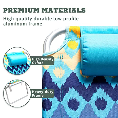 SunnyFeel Folding Beach Chair 5-Postion Adjustable Reclining High Back Head Rest Aluminum Portable Lounge Chairs for Adults Outdoor (Ocean Wave)