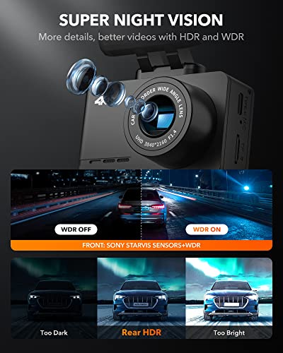WOLFBOX 4K Dash Cam Built-in WiFi GPS Dashboard Camera Front 4K/2.5K and Rear 1080P Dual Car Recorder, Mini Security DashCam with 2.45" LCD, 170° Wide Angle, Support 128GB Max