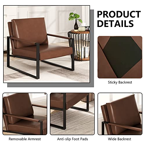 AWQM Modern PU Leather Accent Chair Arm Chair with Extra-Thick Padded Backrest and Seat Cushion Sofa Chairs for Living Room Bedroom, 105 Degree Slant Back, Non-Slip Adsorption Feet, Brown