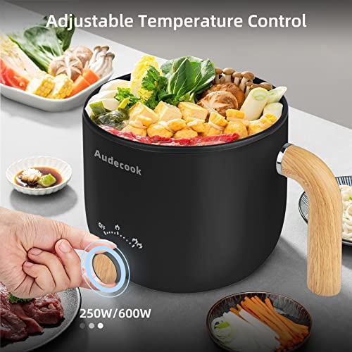 Audecook Electric Hot Pot and Steamer, 1.5 L Portable Mini Non-Stick Multicooker, Fast Ramen Cooker, Travel Electric Frying Pan with Dual Power Control for Steak/Noodle/Soup/Egg/Oats