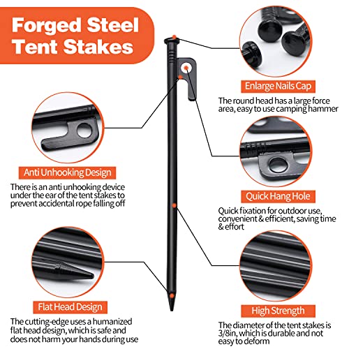 DkOvn Tent Stakes, 4/8/12/16 Pack 8/10/12/16in Tent Stakes Heavy Duty with Storage Bag, Forged Steel Tent Pegs for Camping Unbreakable and Inflexible (8pcs 8in Stakes)