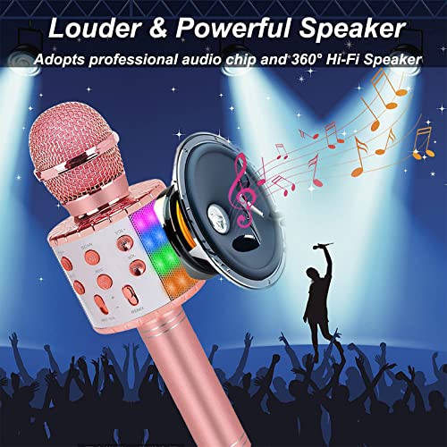 Kids Karaoke Microphone Machine Toy Bluetooth Microphone Portable Wireless Karaoke Machine Handheld with LED Lights, Children Adults Birthday Party, Home KTV(Rose Gold)