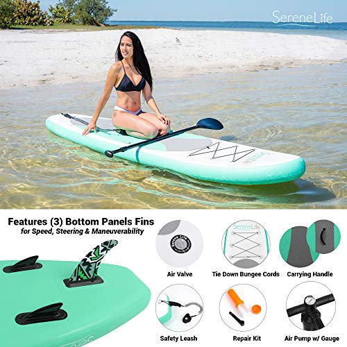 SereneLife Inflatable Stand Up Paddle Board (6 Inches Thick) with Premium SUP Accessories & Carry Bag | Wide Stance, Bottom Fin for Paddling, Surf Control, Non-Slip Deck | Youth & Adult Standing Boat