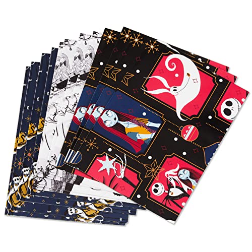 Hallmark Nightmare Before Christmas Flat Wrapping Paper Sheets with Cutlines on Reverse (12 Folded Sheets) for Christmas, Birthdays, Halloween, Jack Skellington, Sally, Zero, Black, White, Red, 0005EW 1001