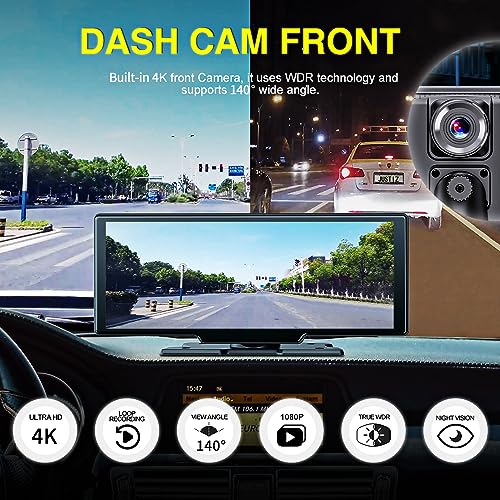 9.3" Portable Car Radio with 4k Dashcam, Wireless Dash Mount Apple CarPlay & Android Auto, Touch Screen Display, Double Din Stereo Bluetooth, Mirror Link, FM, Drive Mate Car Play Navigation,Carbuddy