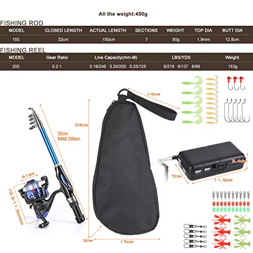 Leo Light Weight Kids Fishing Pole Telescopic Fishing Rod and Reel Combos with Full Kits Lure Case and Carry Bag for Youth Fishing and Beginner (15OCM Rod and Reel Combos with Full Kits and Carry Bag)