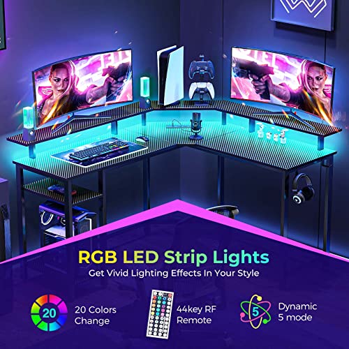 Rolanstar Computer Desk 55.1" with Power Outlets USB Ports & LED Strip,Reversible L Shaped Desk with Monitor Stand & Storage Shelf,L Shaped Gaming Desk with Hooks,Home Office Desk,Carbon Fiber